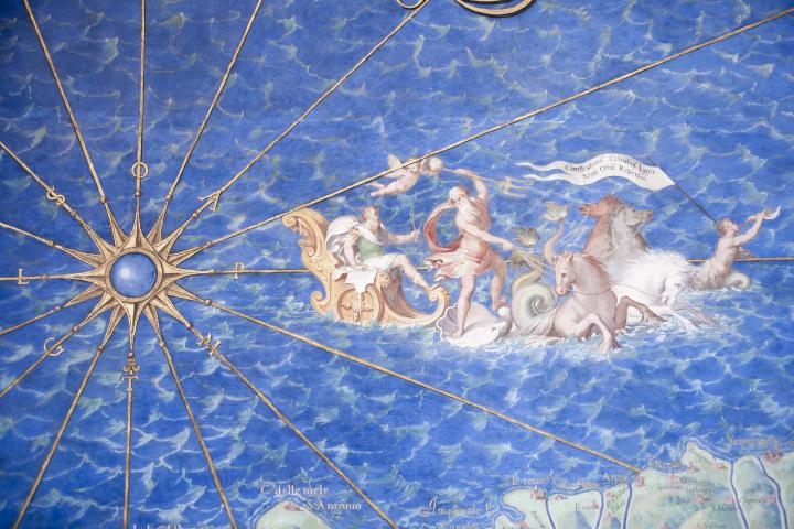 a blue and white umbrella