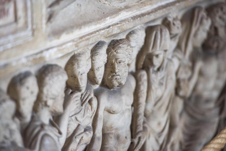 a close up of a stone building