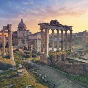 a castle on top of a grass covered field with Roman Forum in the background