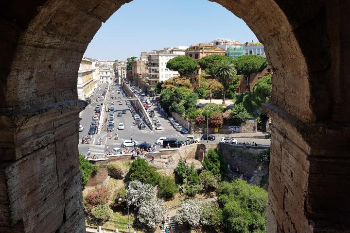 a view of a stone building