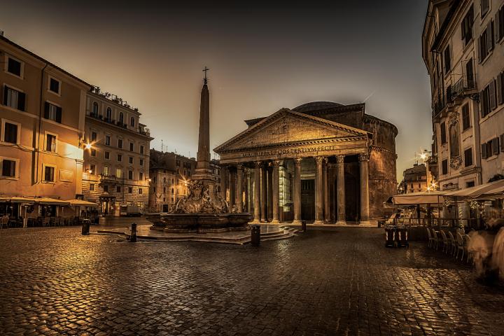 a large building in the rain