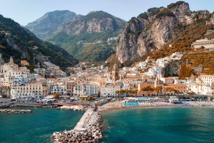 a view of water and Amalfi Coast in the background
