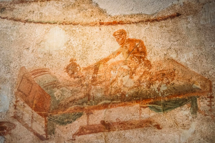 a close up of a stone building